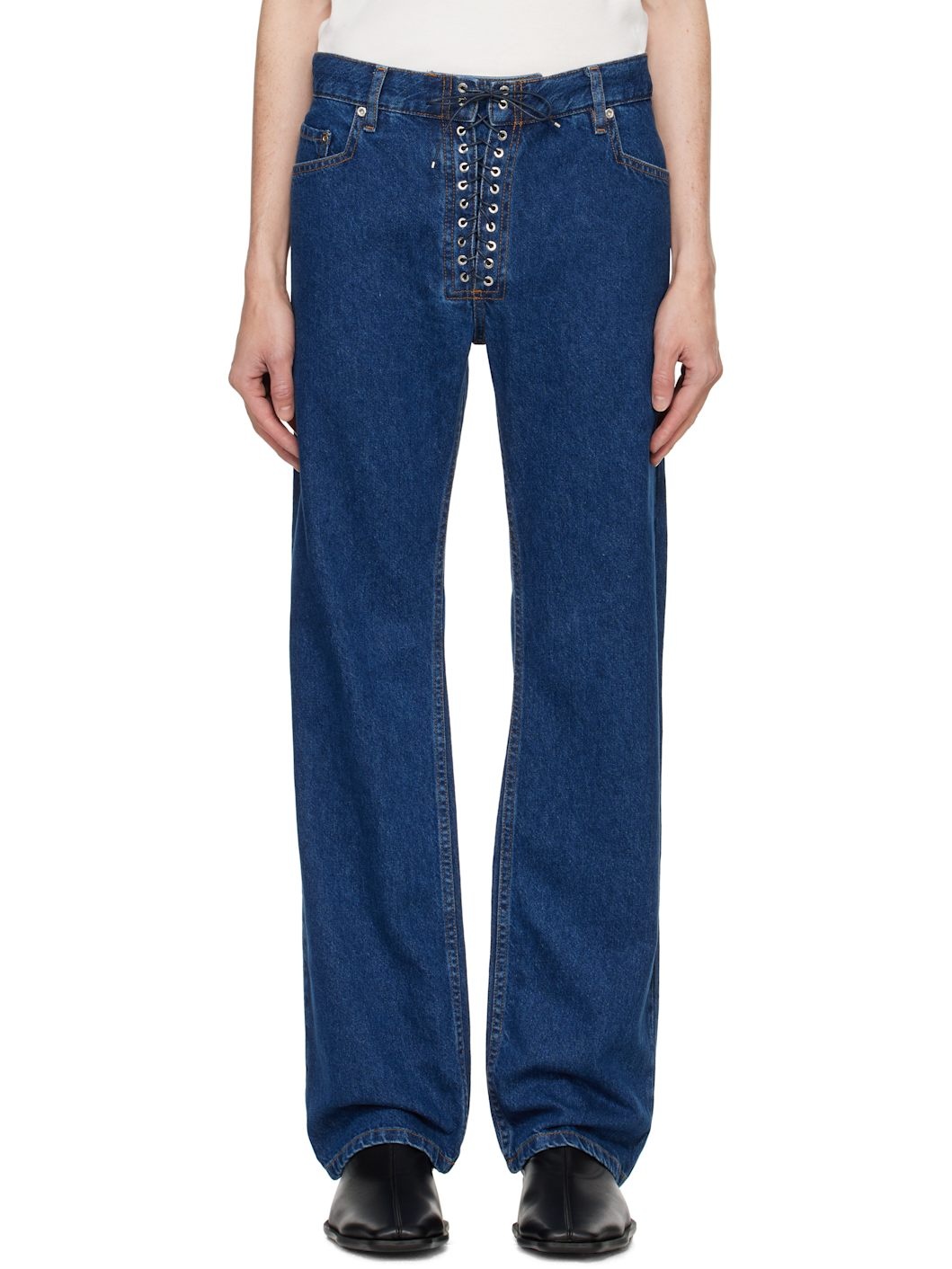 Blue Straight Legs Lace Up Jeans - 1