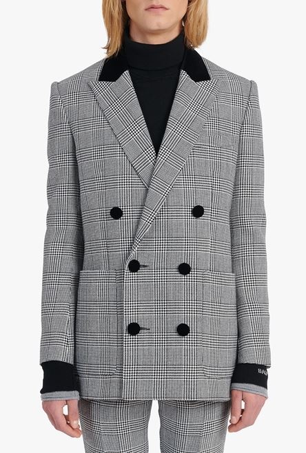 White and black glen plaid wool blazer with black velvet collar - 5