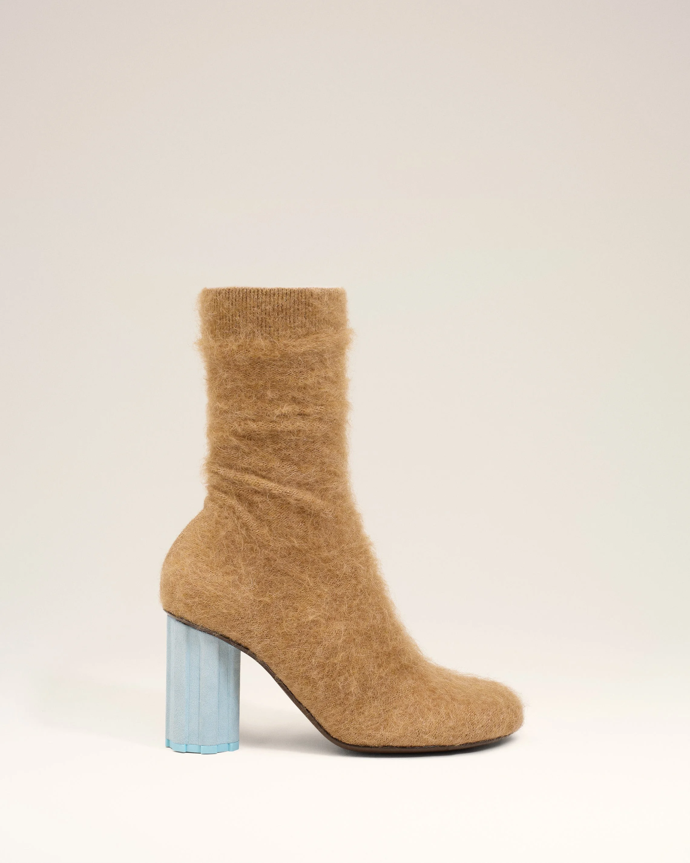 BROWN MOHAIR KNIT PIANO ANKLE BOOTS - 1
