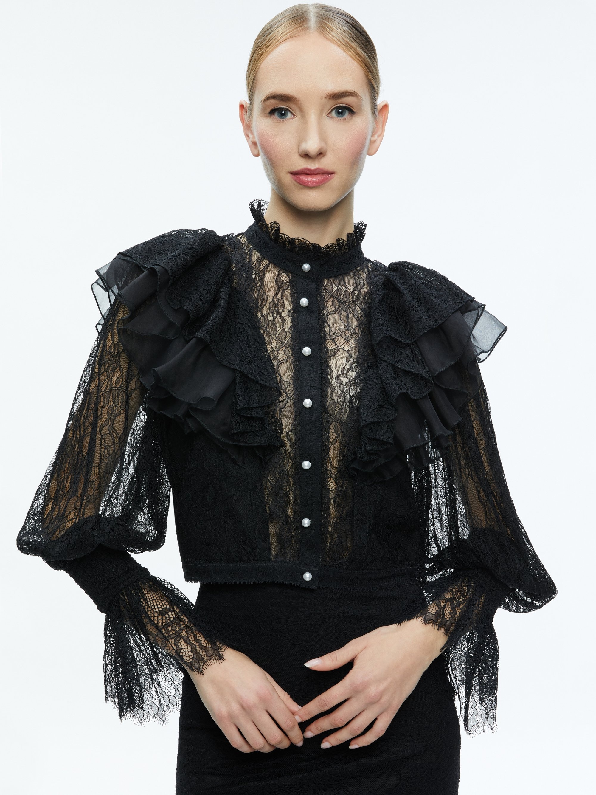 DELPHA RUFFLE LACE BLOUSON SLEEVE CROPPED TOP - 2