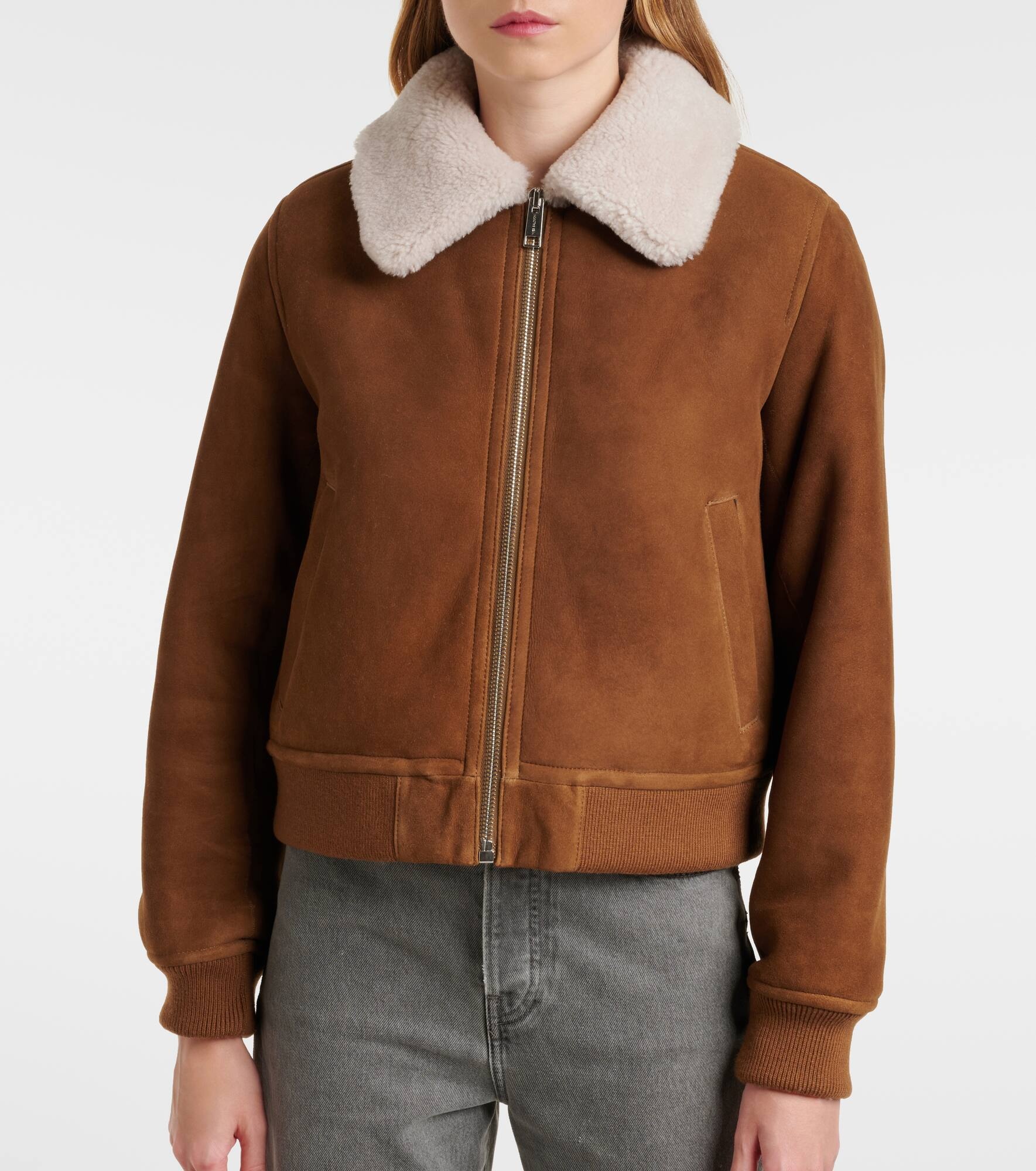 Shearling-trimmed suede bomber jacket - 6