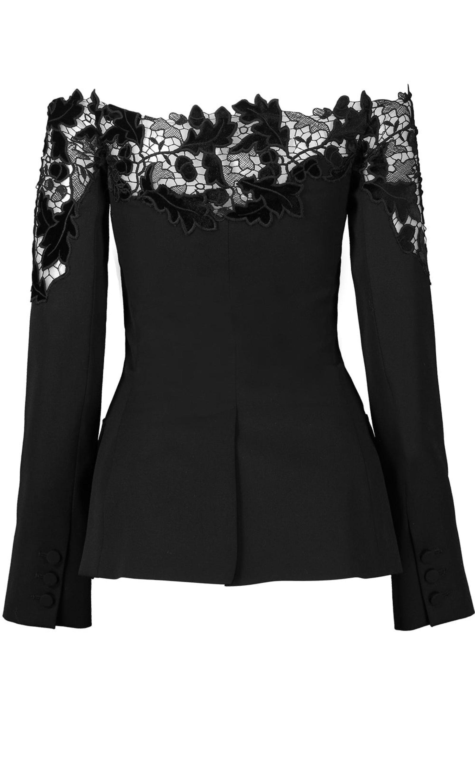 Off-Shoulder Velvet Guipure Lace Blazer - 5