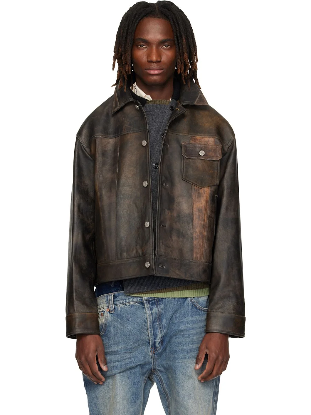 Brown Leather Patchwork Trucker Jacket - 1