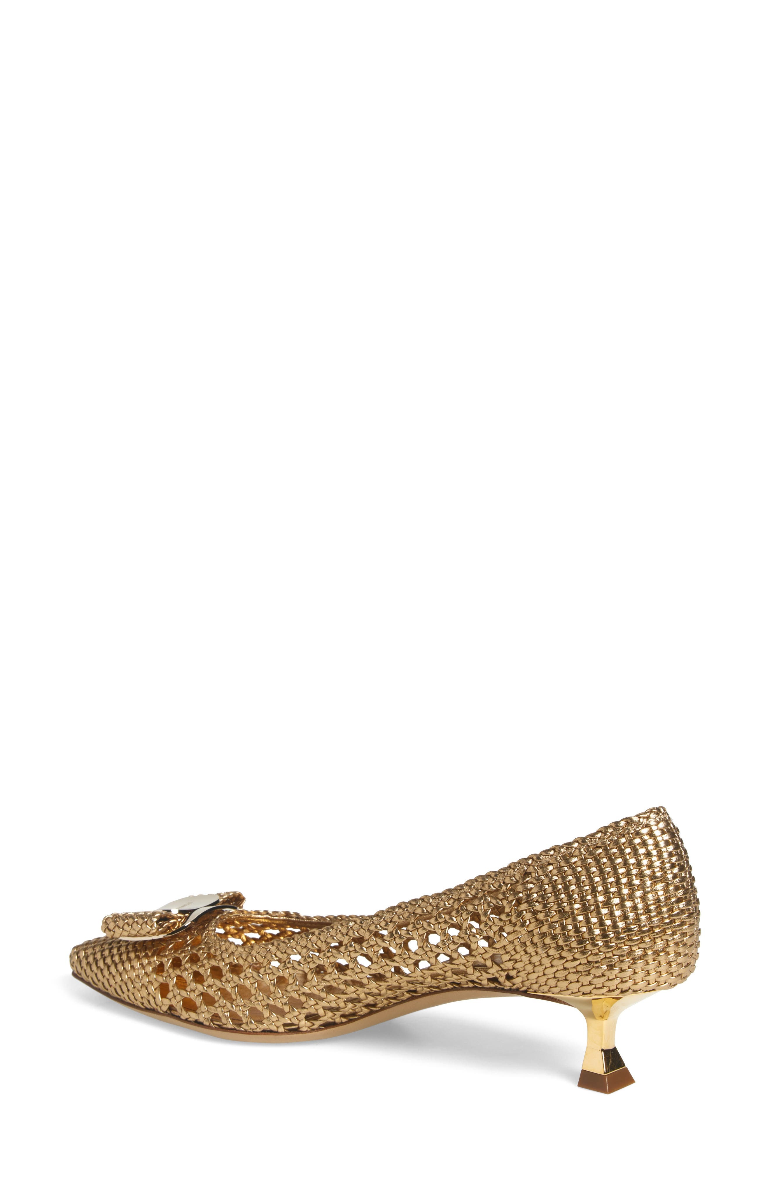 FERRAGAMO Zelma Bow Woven Pointed Toe Kitten Heel Pump in Gold Lux at Nordstrom - 2