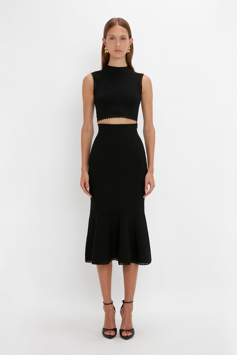 Victoria Beckham VB Body Scallop Trim Flared Skirt In Black outlook
