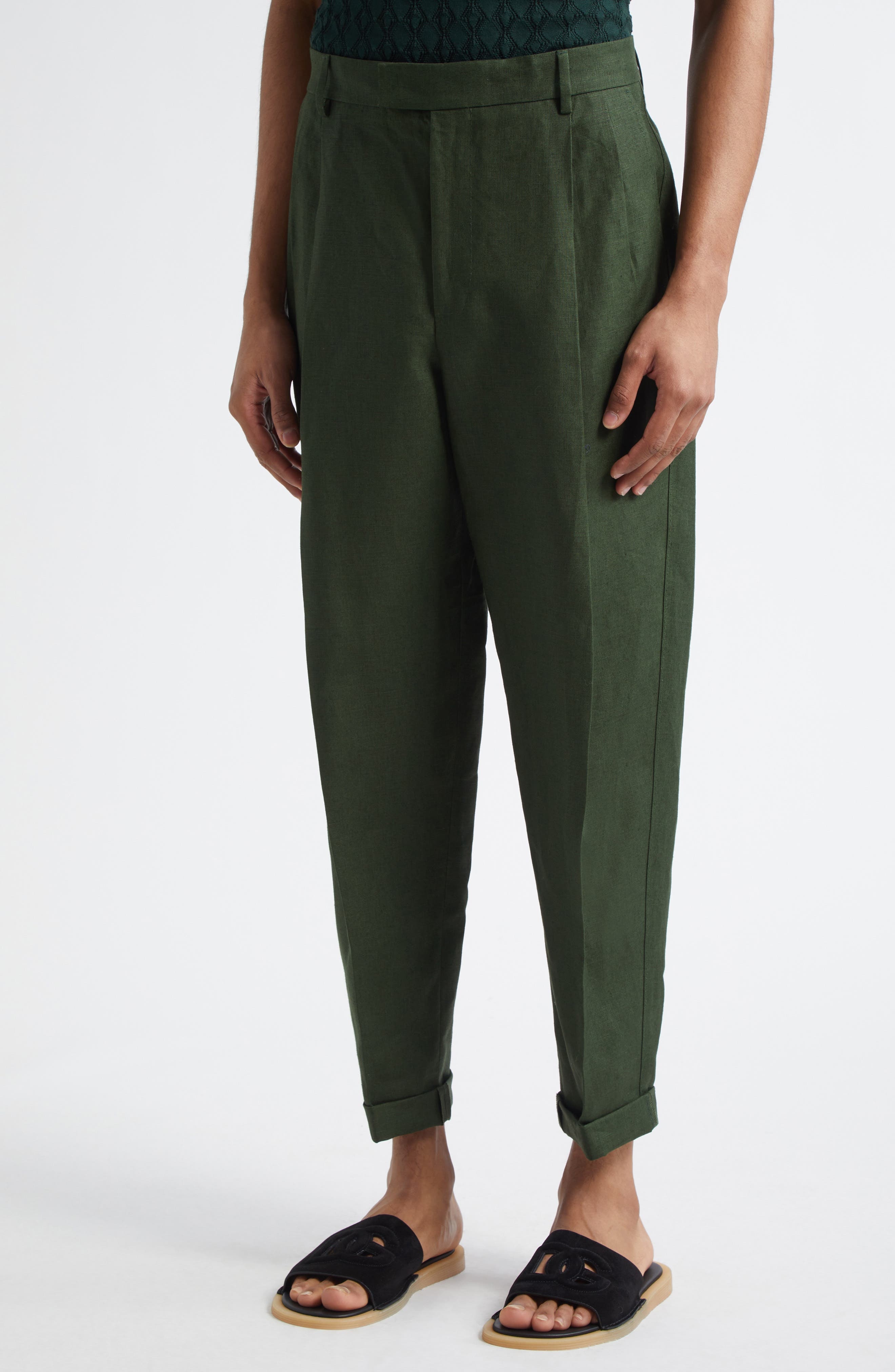 Dolce&Gabbana Crop Linen Trousers in V0304 Militare Scuro at Nordstrom - 4