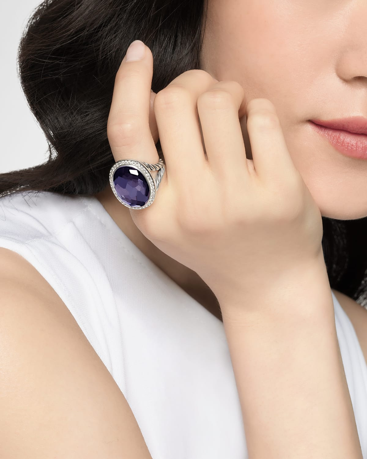 Oval Ring with Gemstone and Diamonds in Silver, 24.5x21mm - 2
