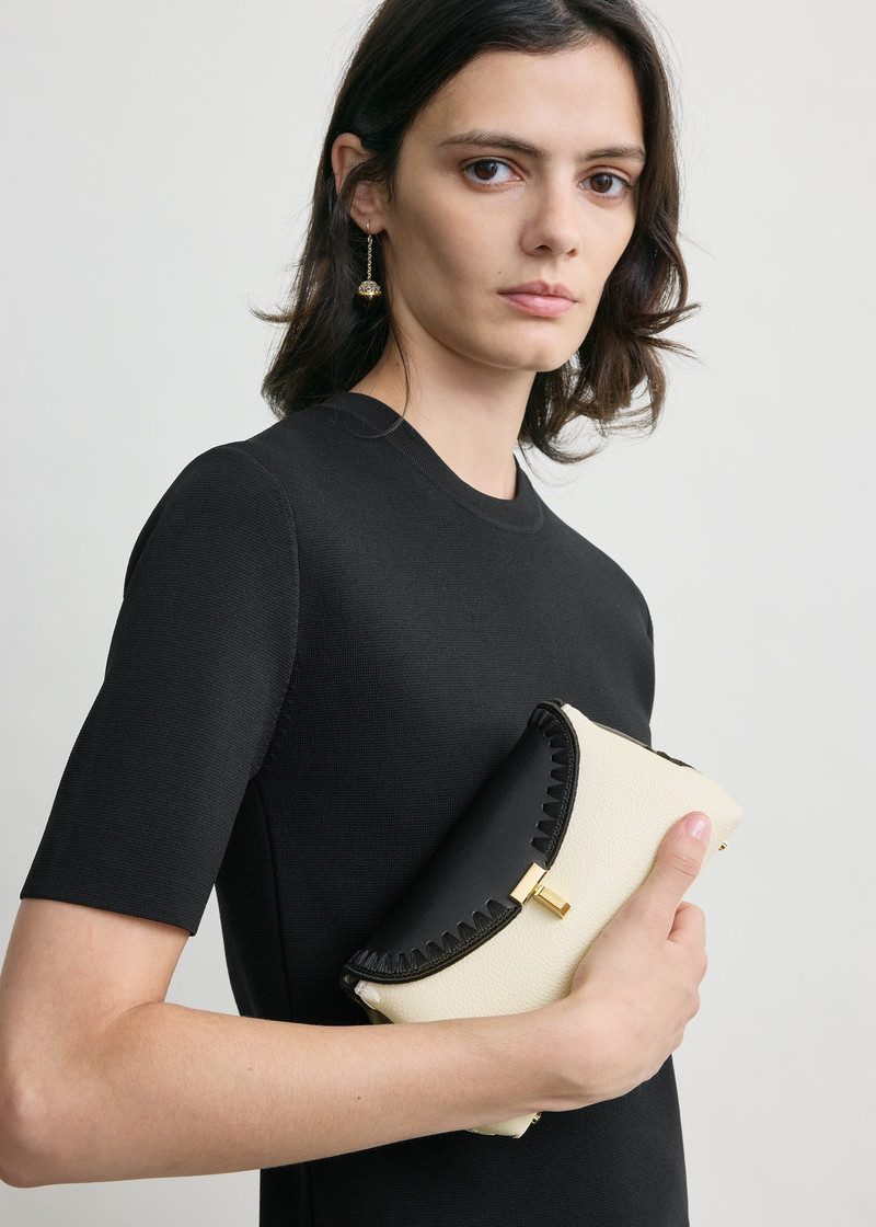Mini T-lock embroidered leather clutch black/milk 3