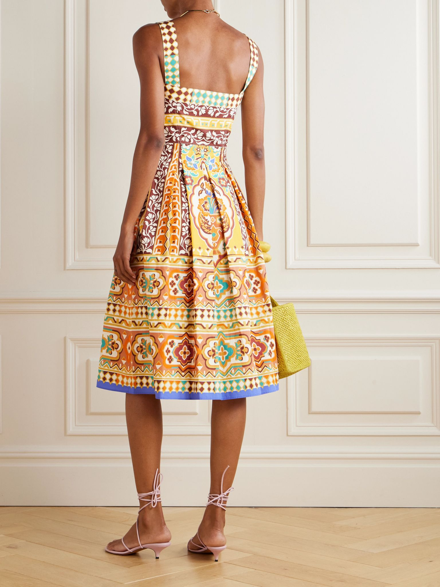 Pleated printed cotton-poplin midi dress Yellow - 3