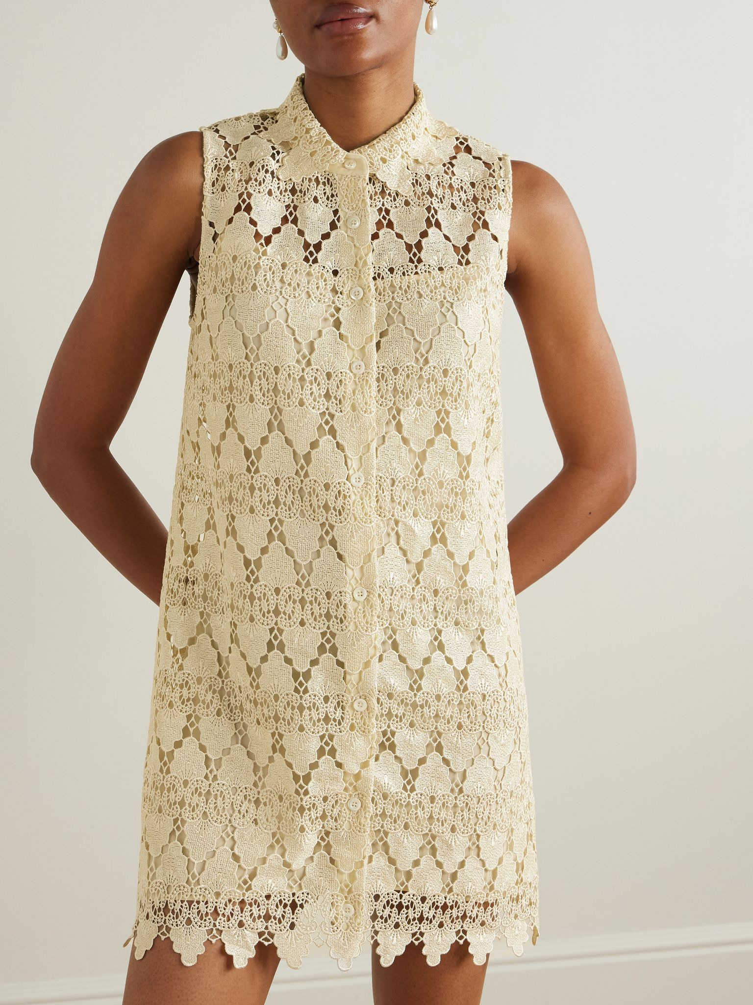 The Deco scalloped guipure lace mini shirt dress Cream - 3