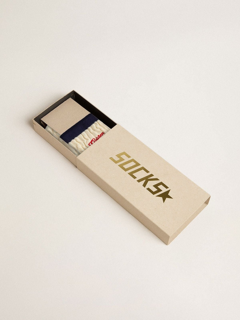 Golden Goose Cream ribbed socks with navy blue details and red logo outlook
