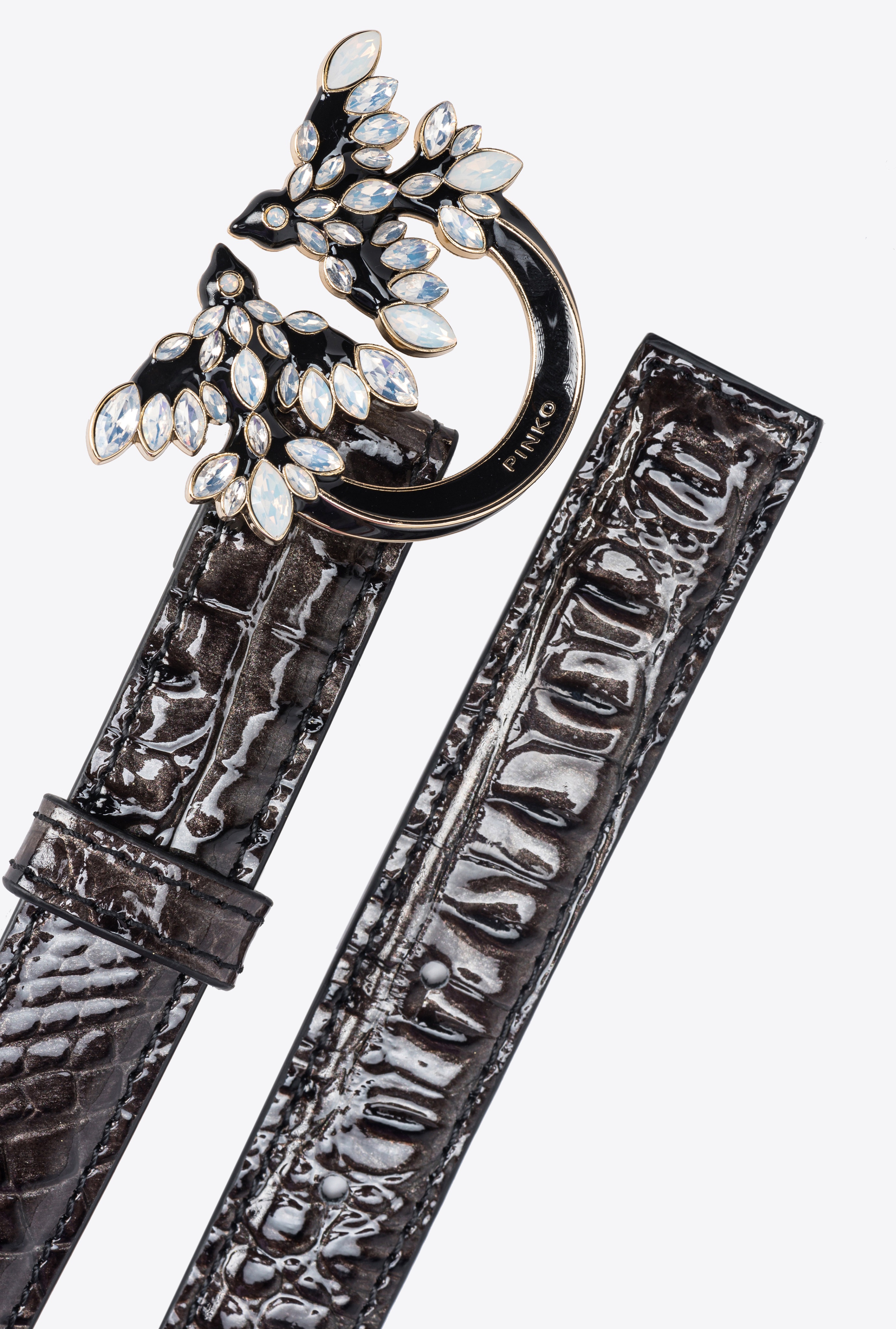 PINKO GALLERIA THIN 2CM CROC-PRINT BELT WITH LOVE BIRDS BUCKLE - 3