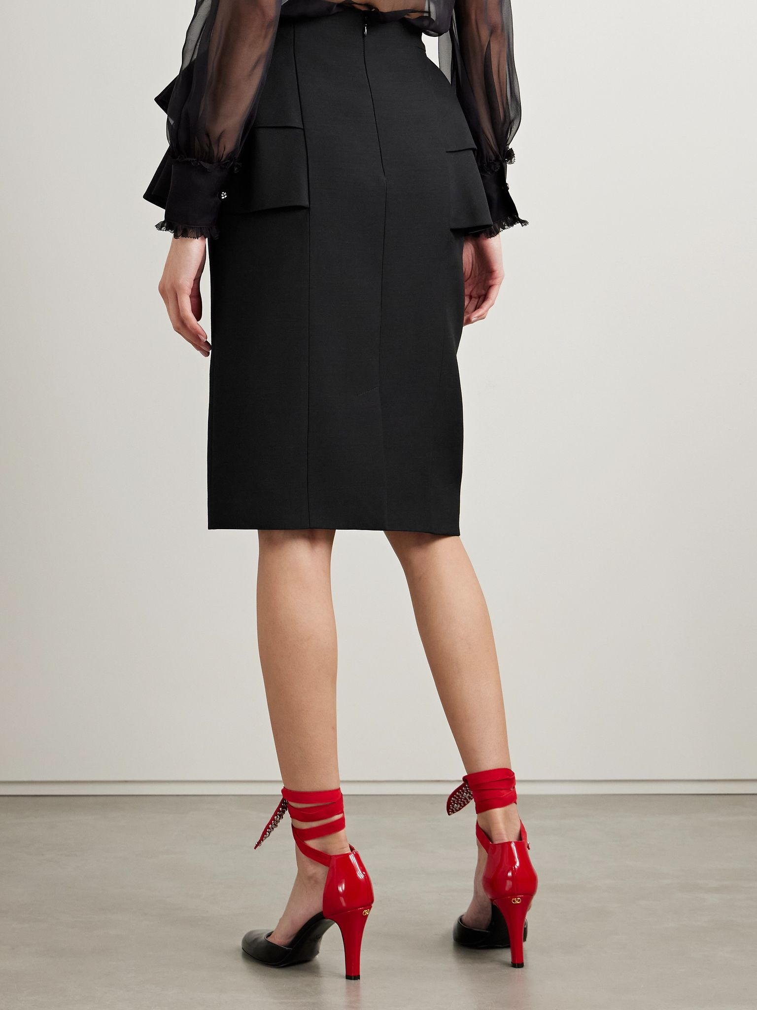 Ruffled wool and silk-blend crepe midi skirt Black - 3