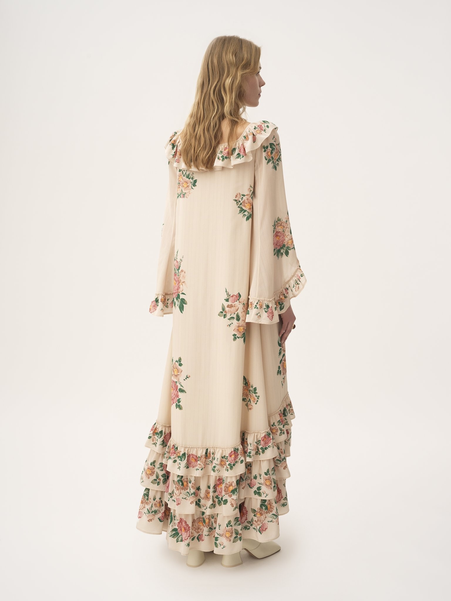 SQUARE-NECK RUFFLED LONG DRESS IN CRÊPE DE CHINE - 5