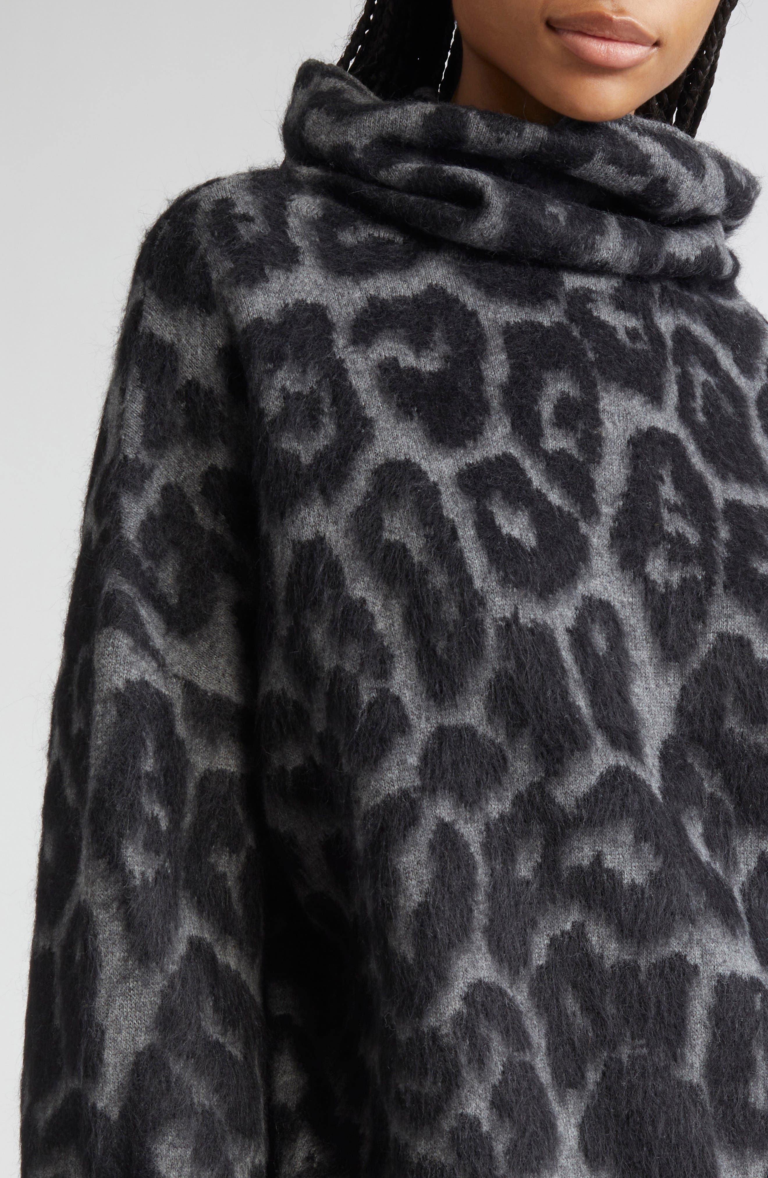 Stella McCartney Leopard Jacquard Virgin Wool Funnel Neck Sweater in 1010 - 4