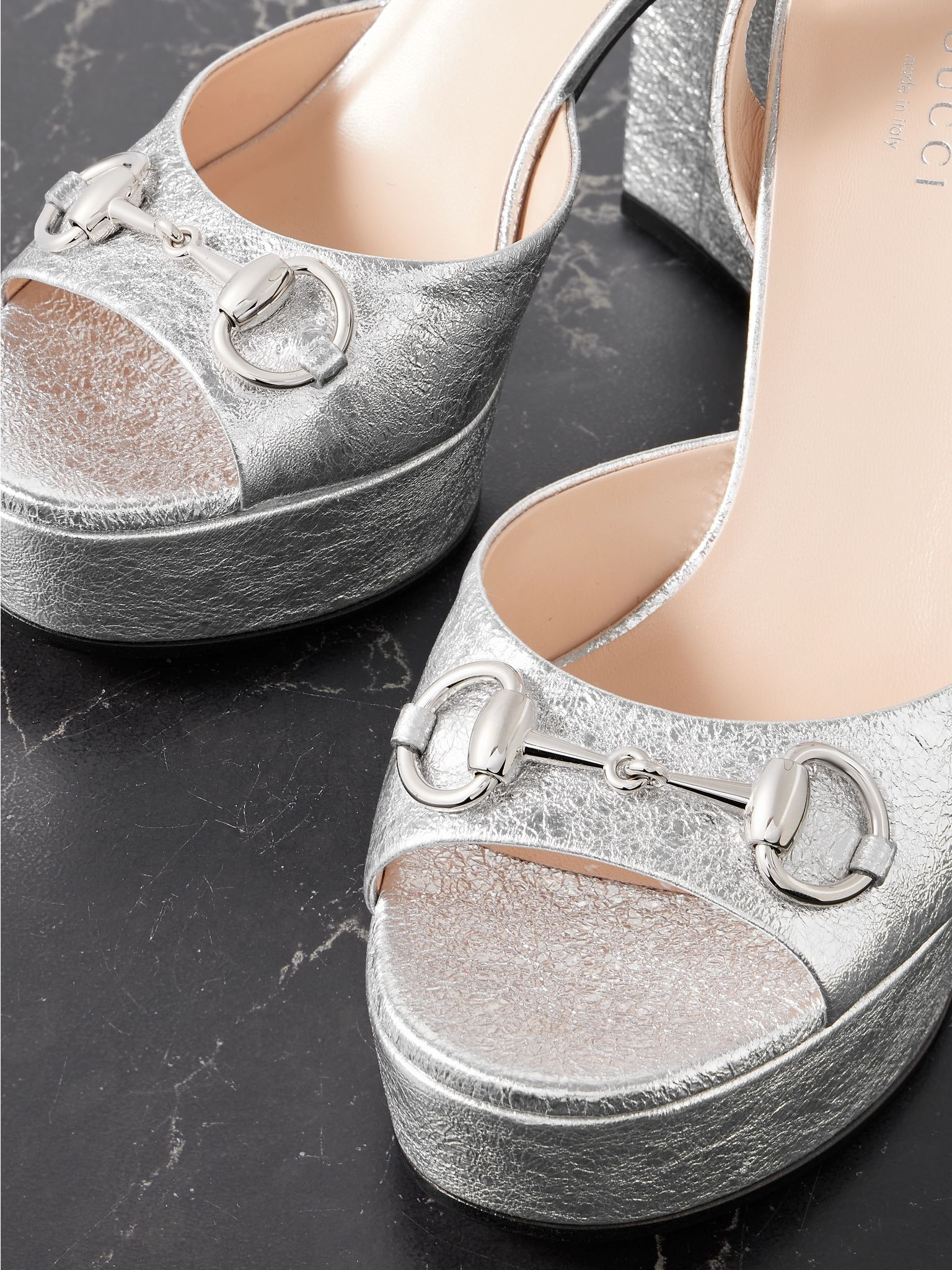 Lady horsebit-detailed metallic crinkled-leather platform sandals Silver - 4