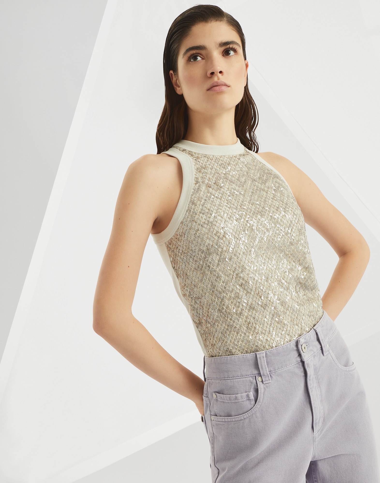 Stretch cotton jersey top with dazzling net embroidery - 4
