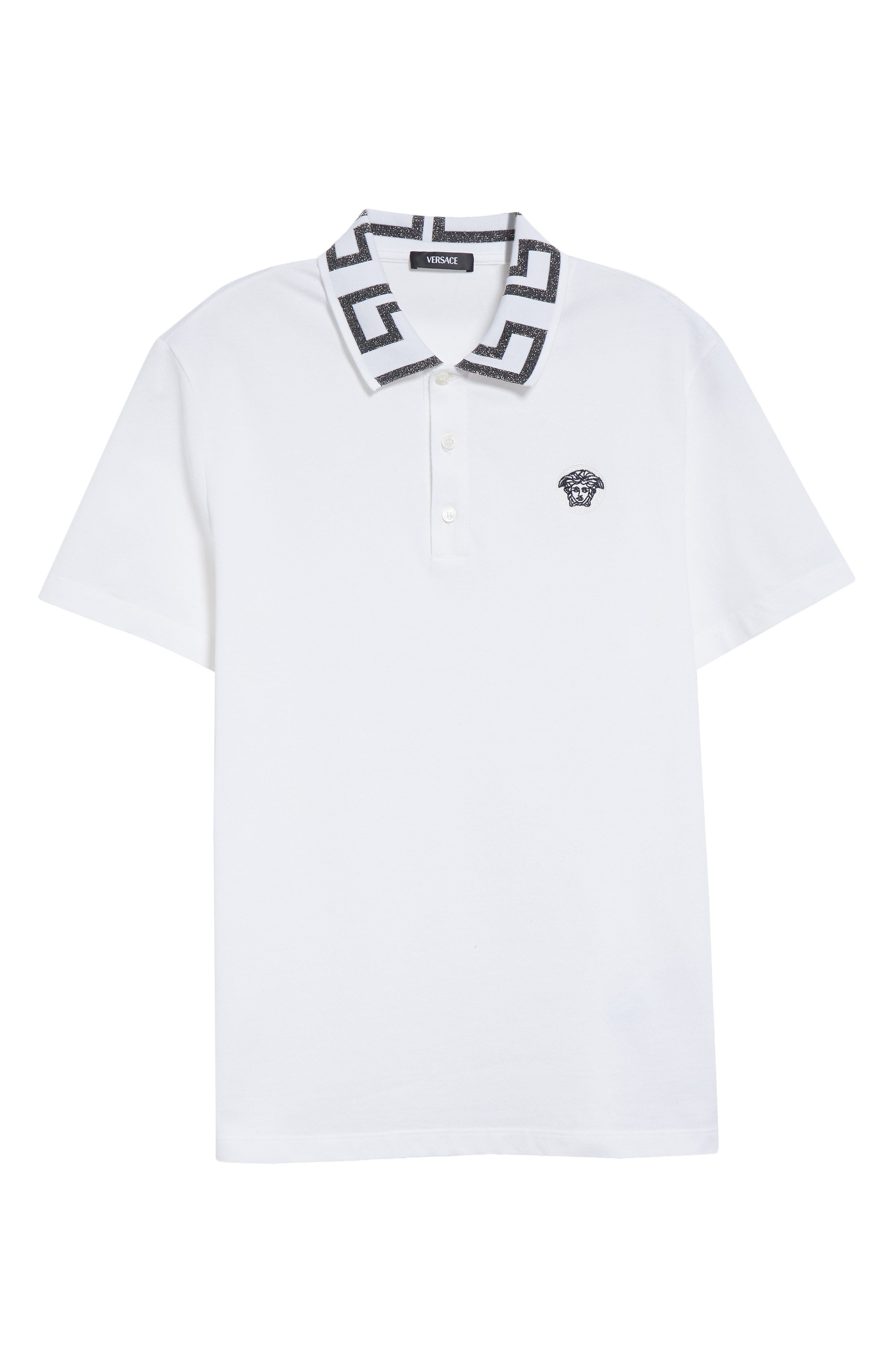 Versace Metallic Greca Collar Piqué Polo in White Antrachite at Nordstrom - 6