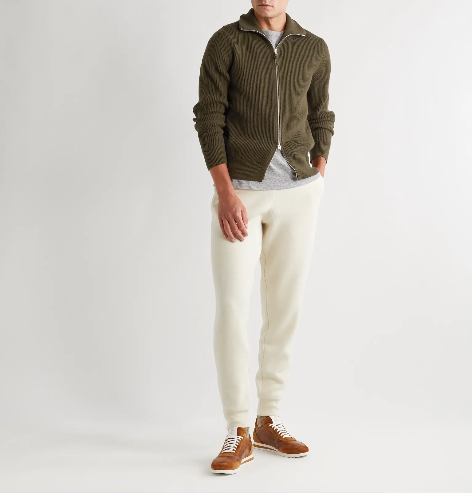 Suede-Trimmed Ribbed Cashmere Cardigan - 2