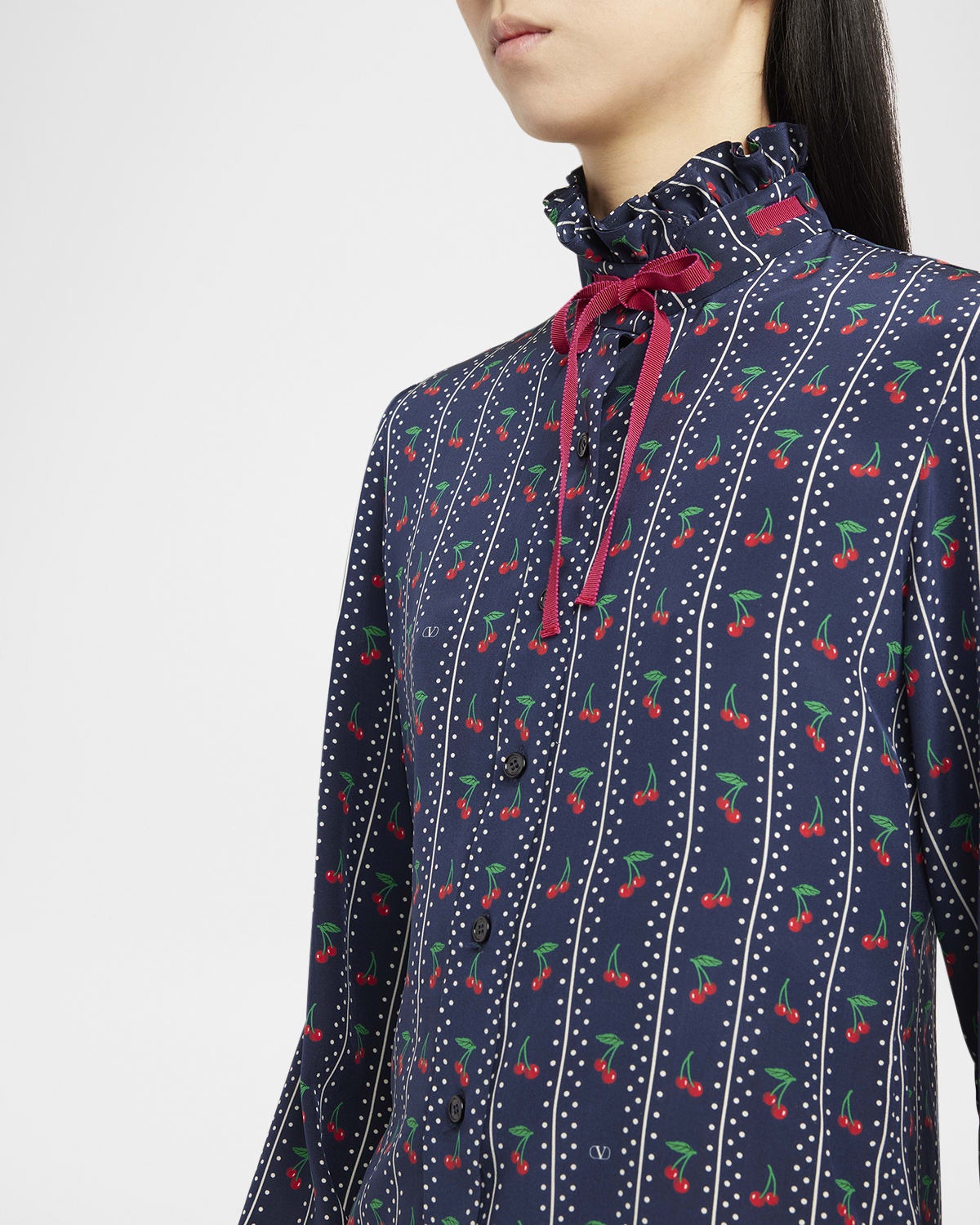 Cherry Polka-Dot Striped Crepe De Chine Shirt - 5