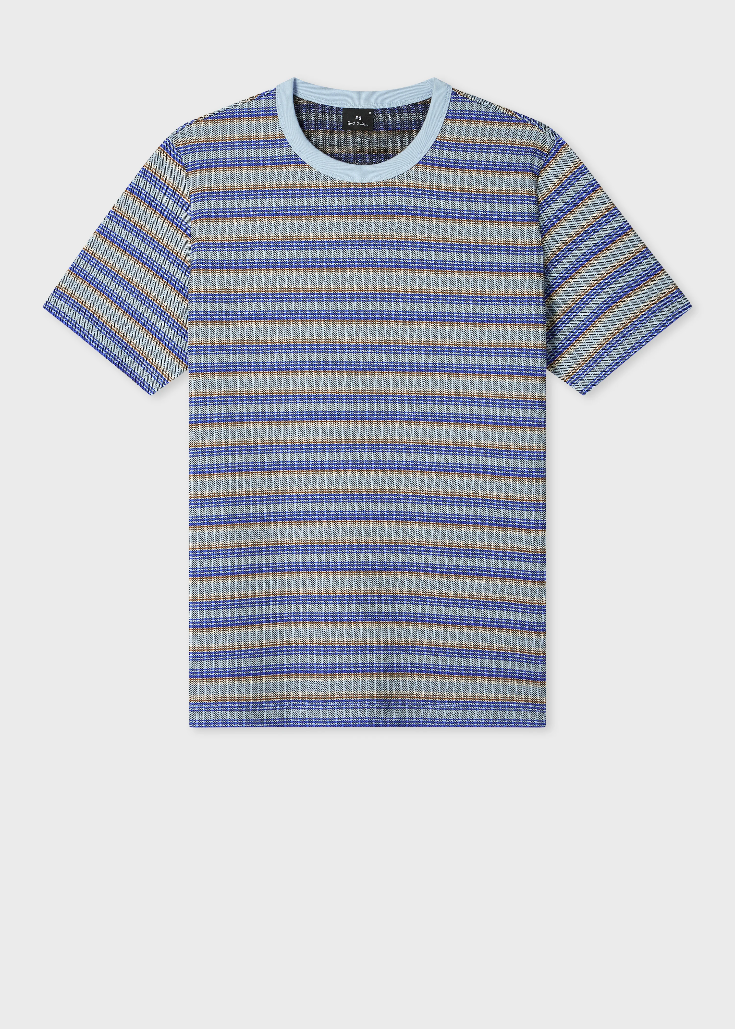 Blue Cotton-Blend Textured Stripe T-Shirt - 1