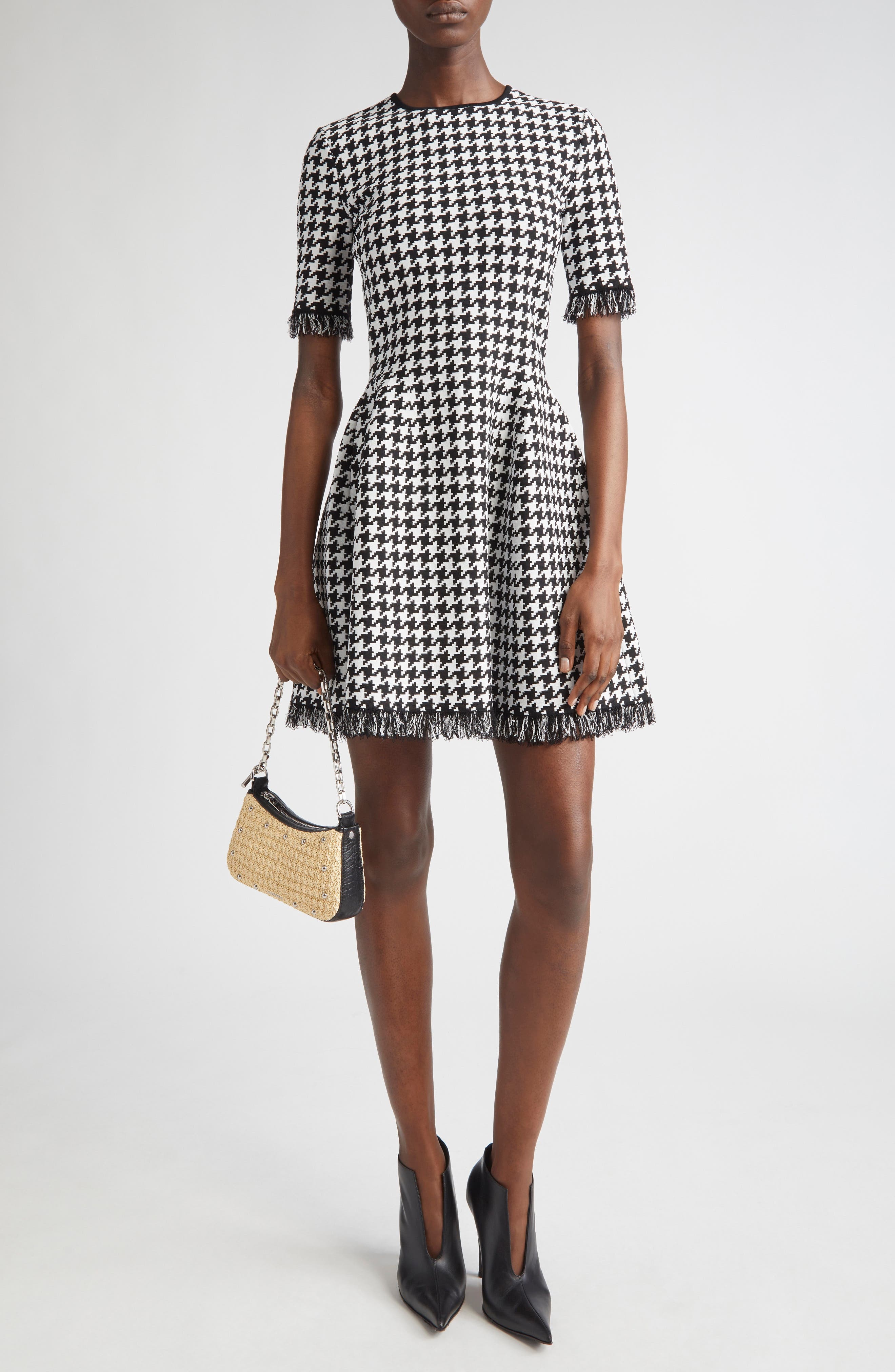 McQueen Houndstooth Check Fit & Flare Minidress in Black/Ivory at Nordstrom - 1