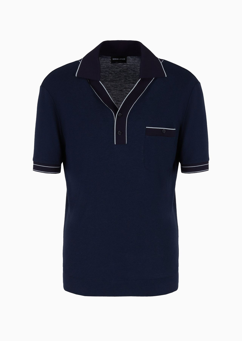 Short-sleeved ribbed polo shirt in viscose and wool 1