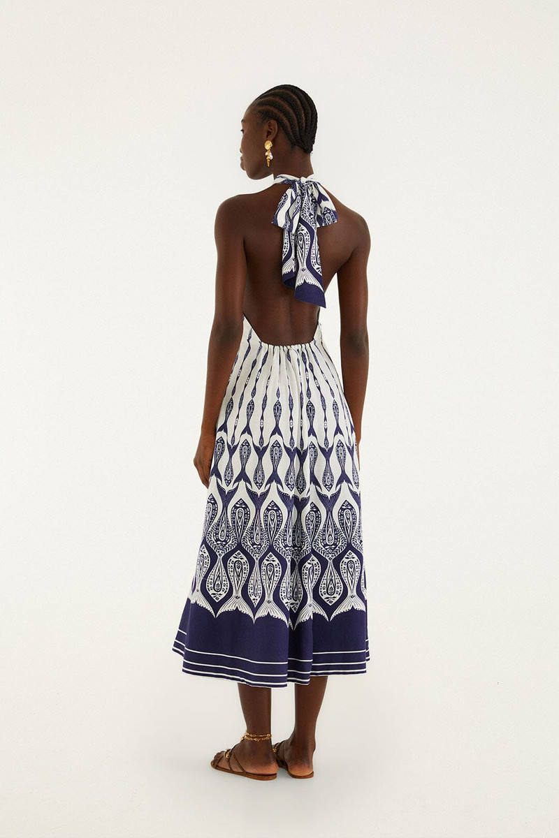 Off-White Fishes Flow Halter Neck Lenzing Ecovero Euroflax Midi Dress 4