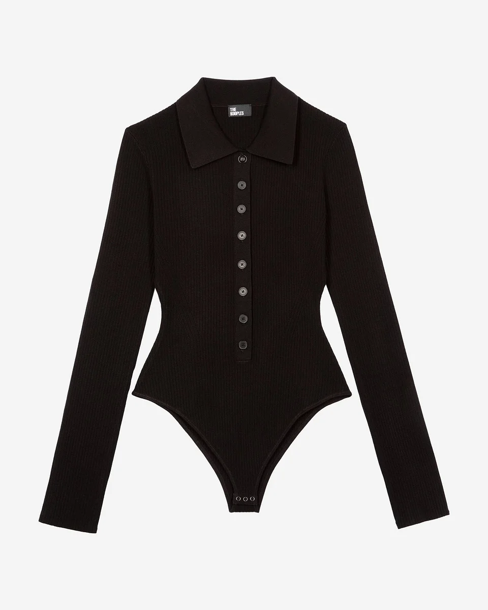 BLACK RIB-KNIT BODYSUIT - 1