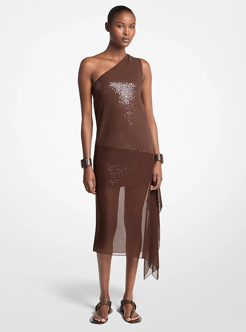 Hand-Embellished Sequin Stretch Wool Crepe Veiled Dress - 1