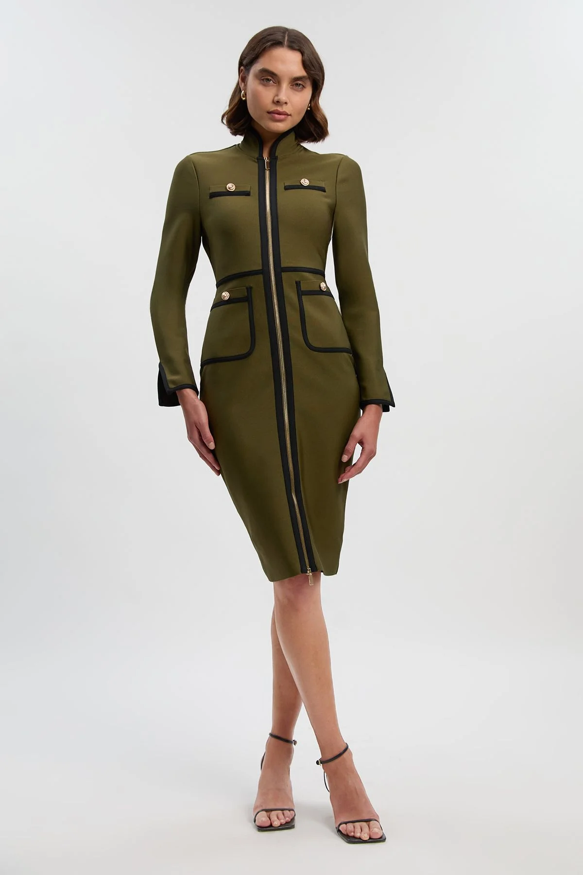 Figure Form Bandage Knit Piping Detail Military Midi Dress - 1