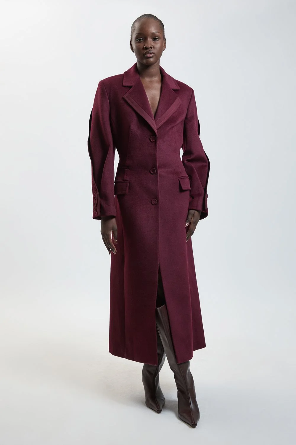 Wool Tailored Midi Full Skirt Satin Detail Coat - 1
