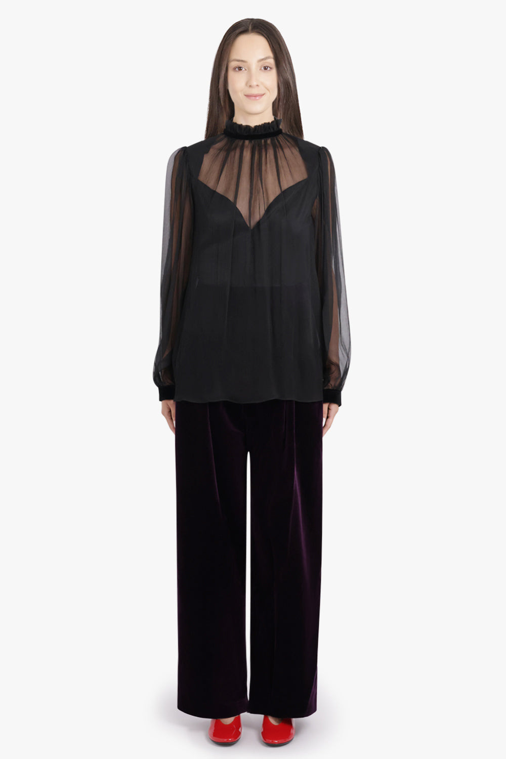 RUFFLED HIGH NECK SHEET TOP WITH FITTED UNDERLAY | BLACK - 4