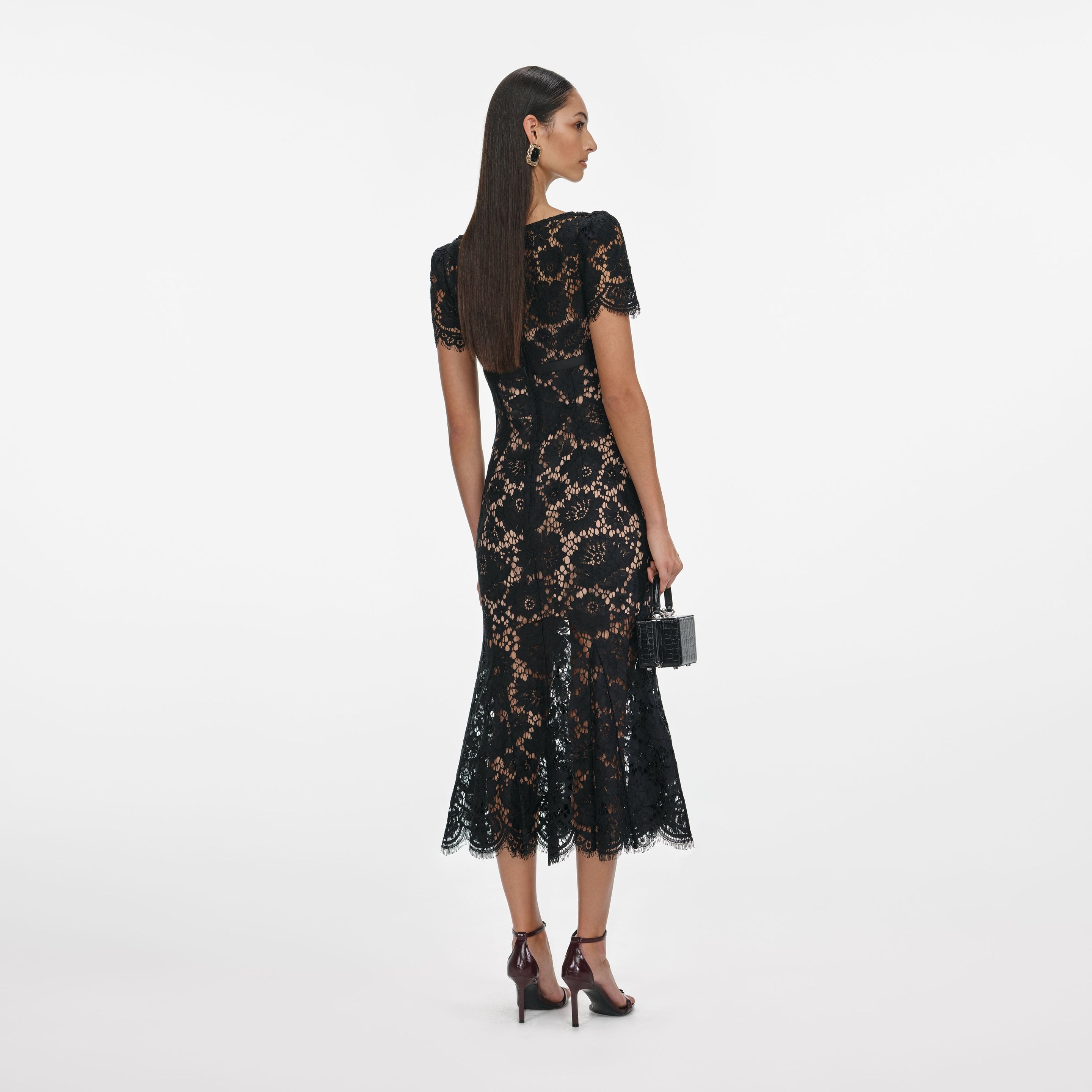 Black Floral Lace Midi Dress - 3