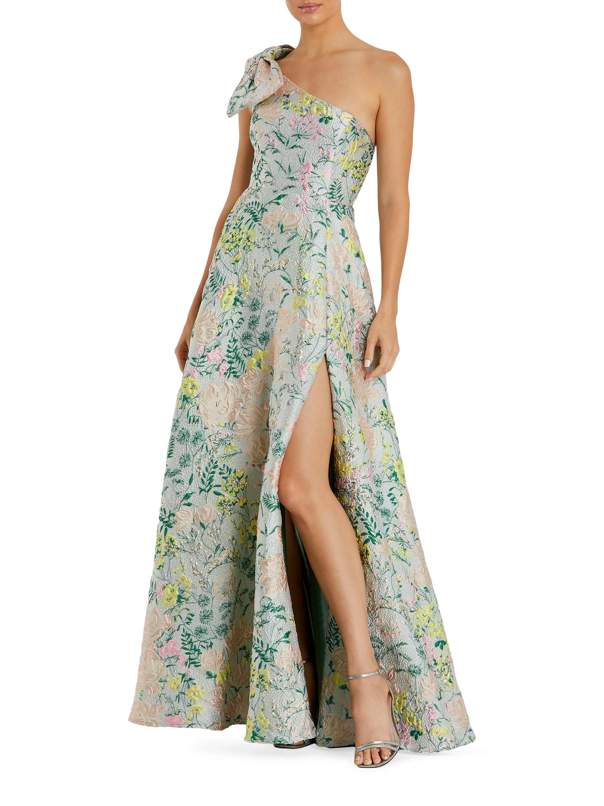 Women's Floral Brocade Bow One-Shoulder Gown - Pastel Multi - 1