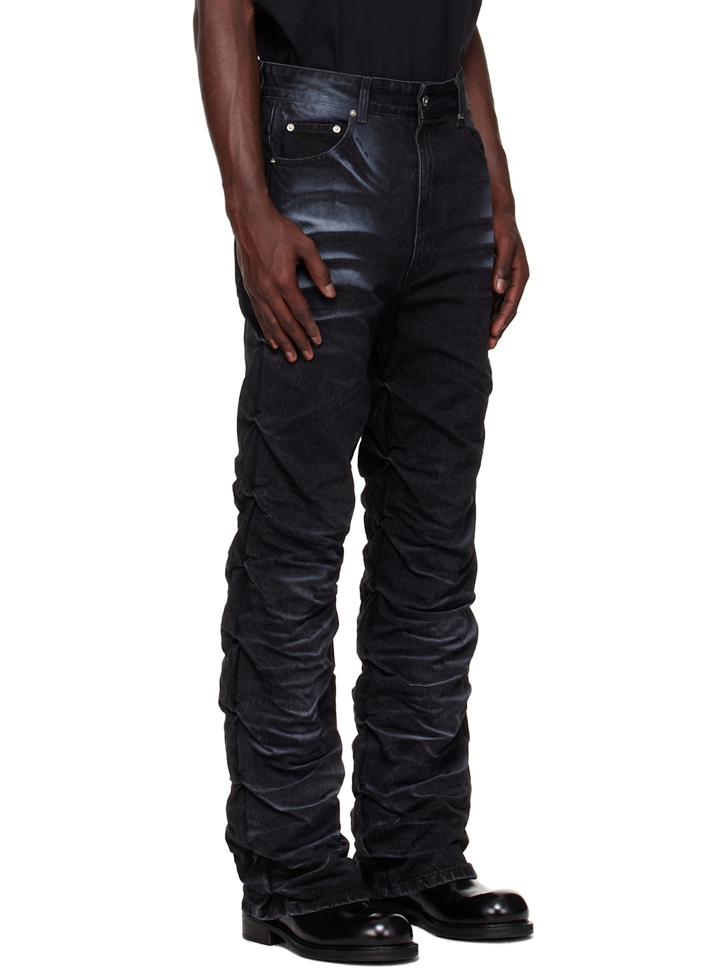 Black Textured Fold Jeans - 2