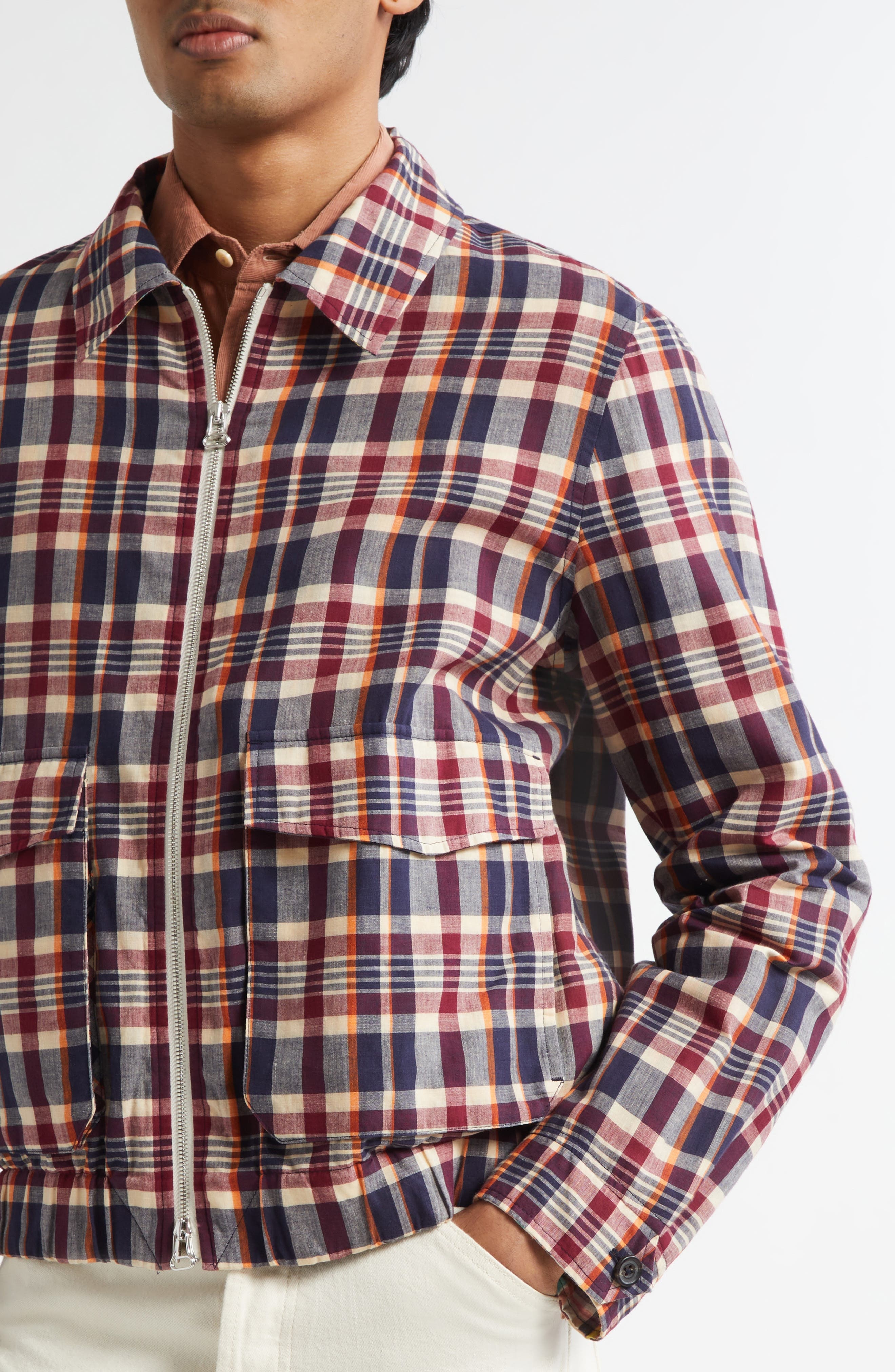 Drake's Madras Plaid Waxed Cotton Blouson Jacket in 993 Navy/Rust/Ecru at Nordstrom - 4