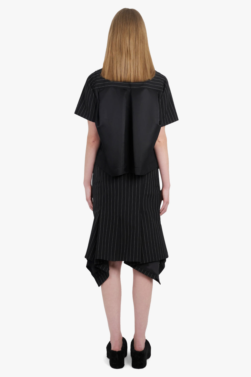 ASYMMETRIC FLARED HEM STRIPE MIDI SKIRT WITH BUTTON DETAIL | BLACK/WHITE - 4