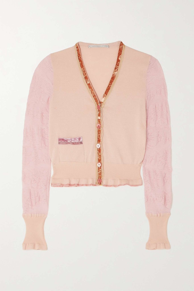 Ruffled velvet-trimmed wool cardigan 1