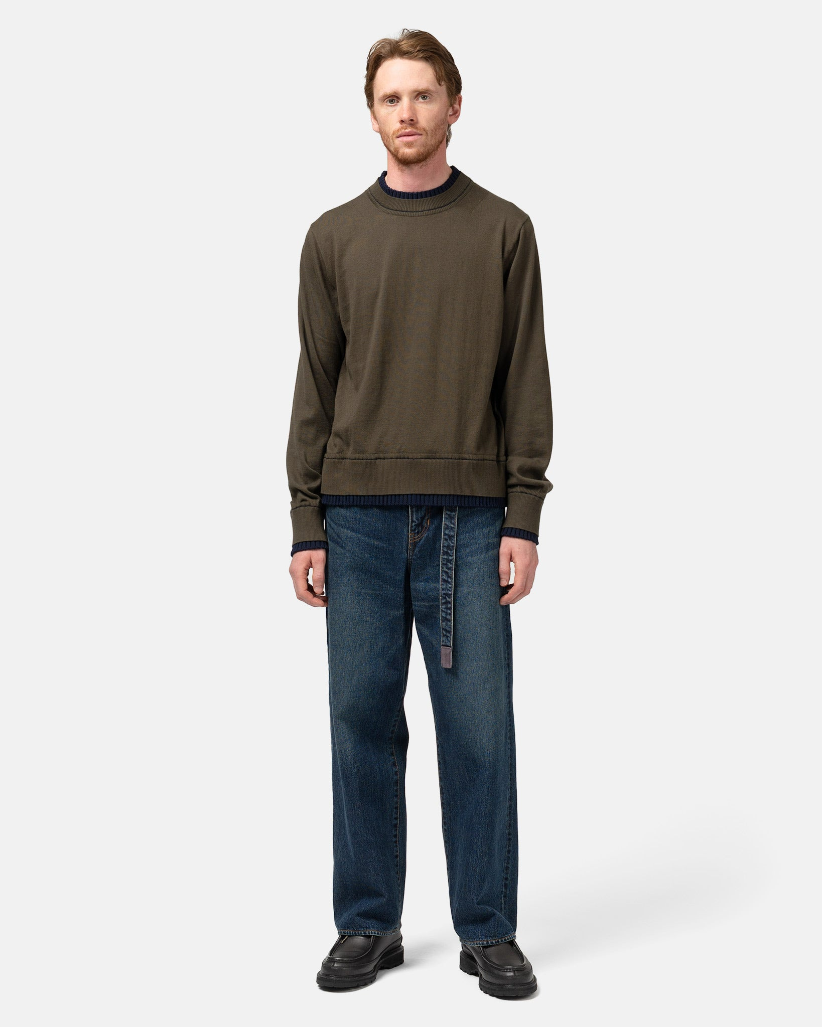 Cotton Cashmere Knit Pullover Khaki x Navy - 2