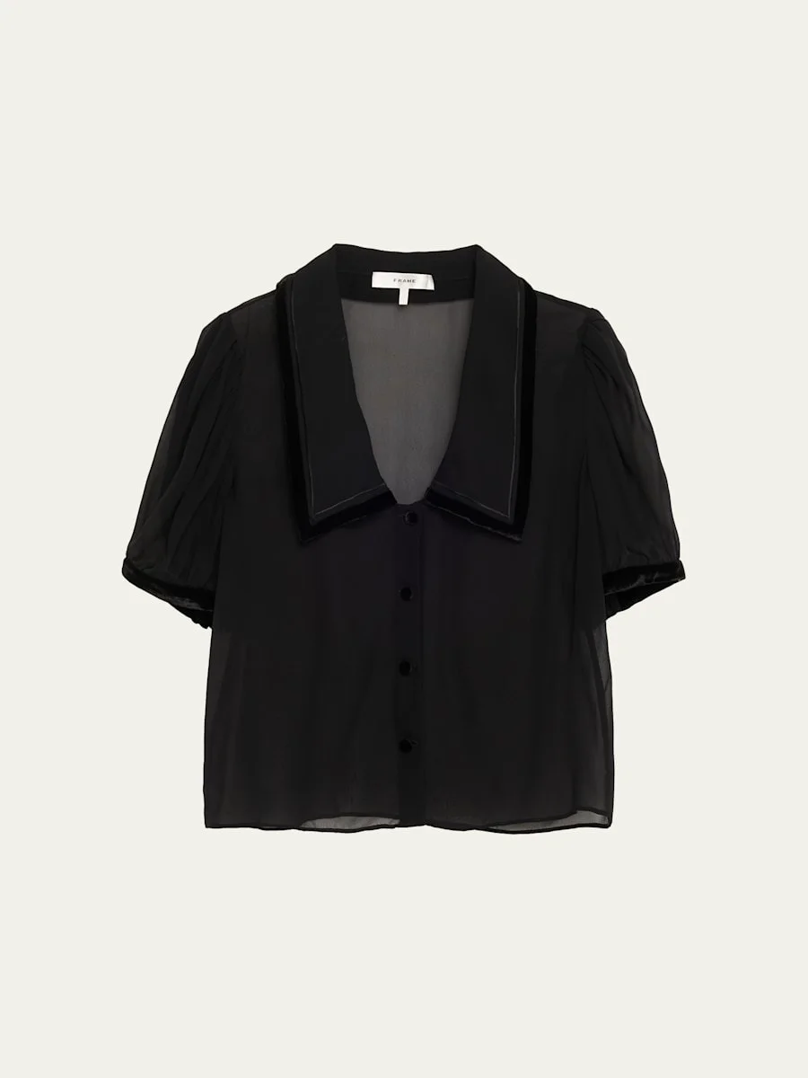 Modern Velvet-Trim Silk Blouse - 1