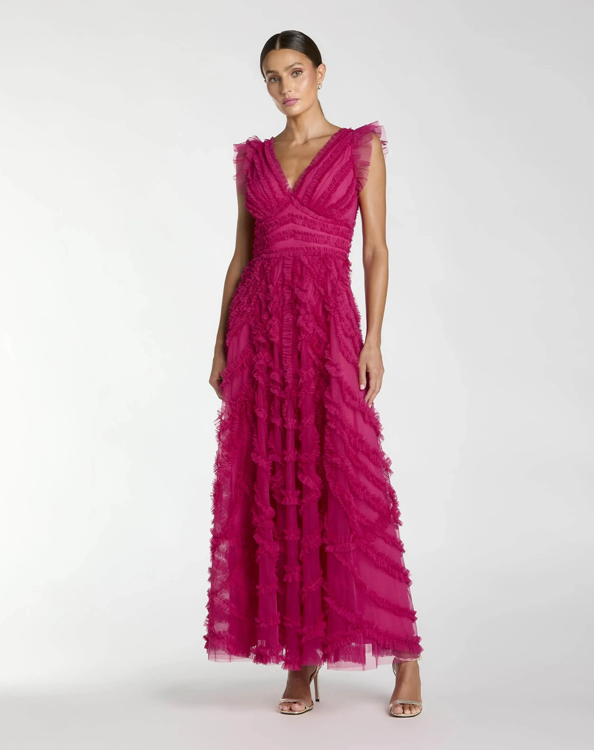 Fuchsia Pink V-Neck Cap Sleeve Ruffle Maxi Dress - 1
