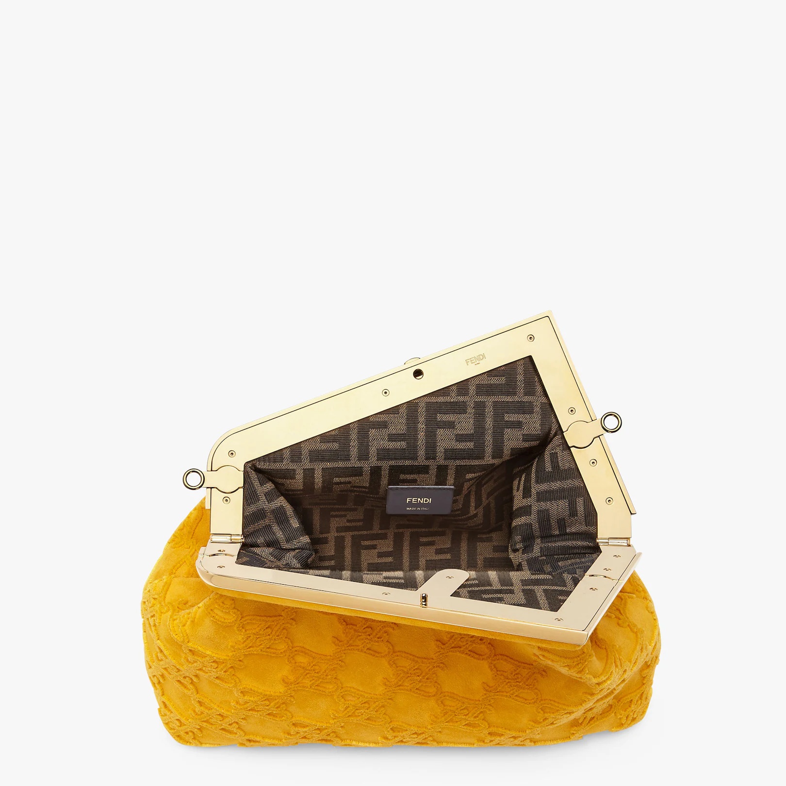 Medium Fendi First bag made of soft yellow suede, embroidered with a smooth-textured Karligraphy mot - 4