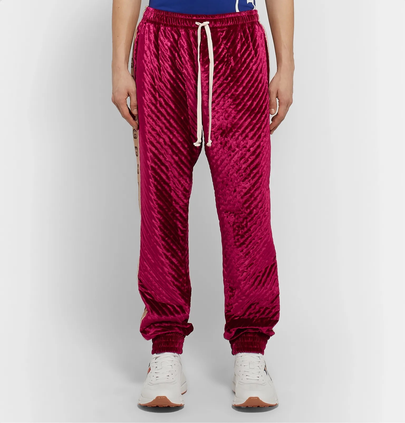 Logo-Jacquard Webbing-Trimmed Quilted Padded Velvet Sweatpants - 4