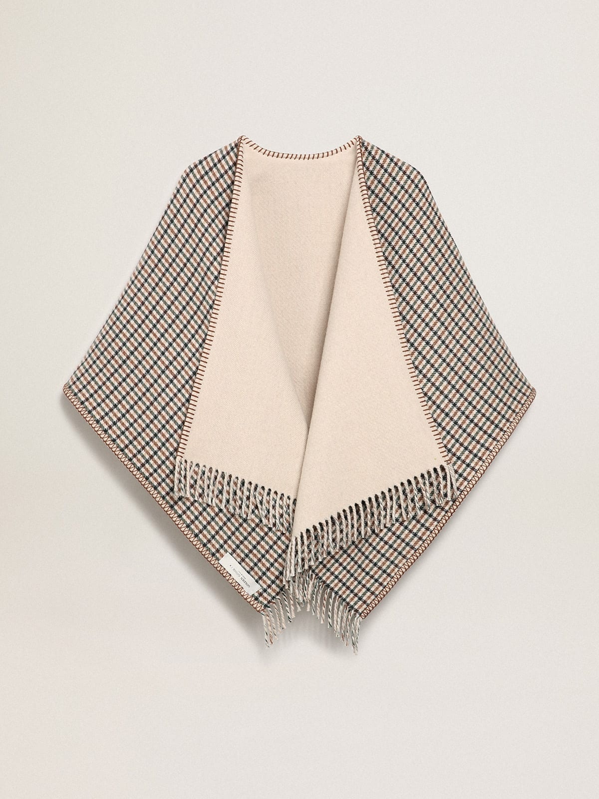 Poncho in double face cream-colored wool with check pattern and lettering - 1