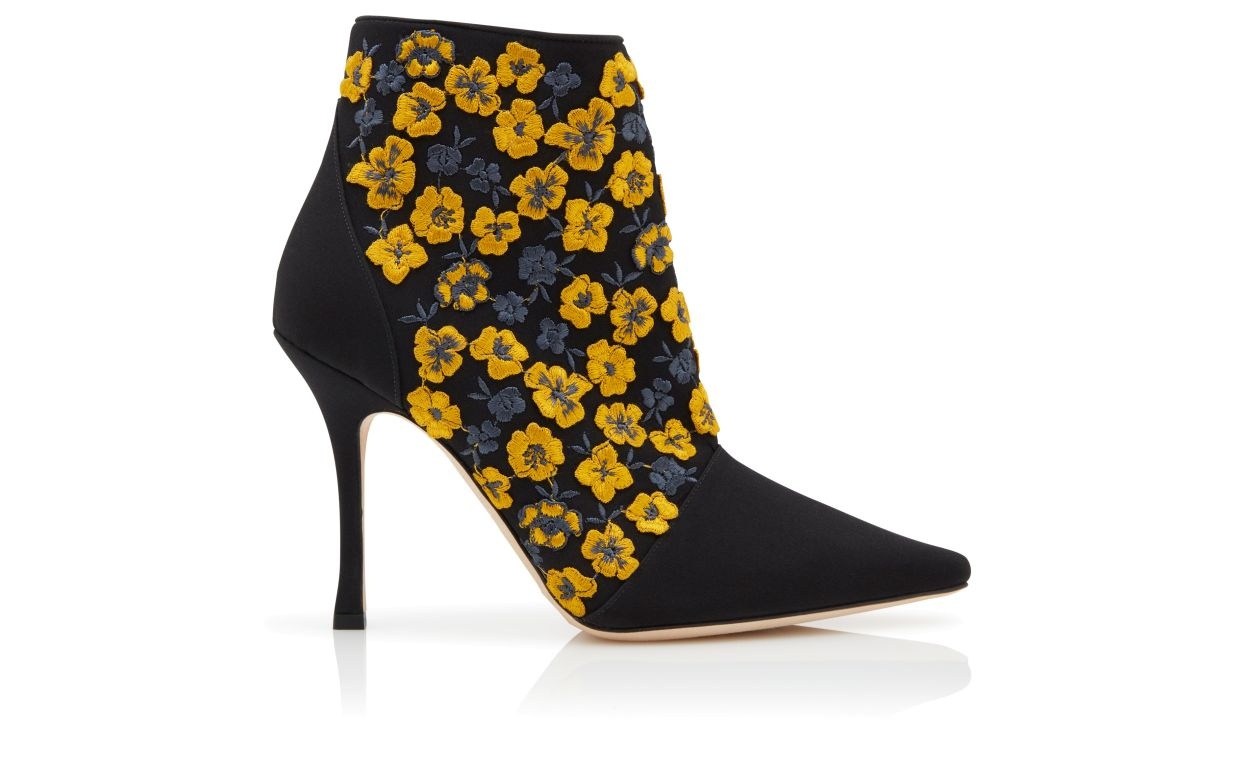Black and Yellow Silk Embroidered Ankle Boots - 1