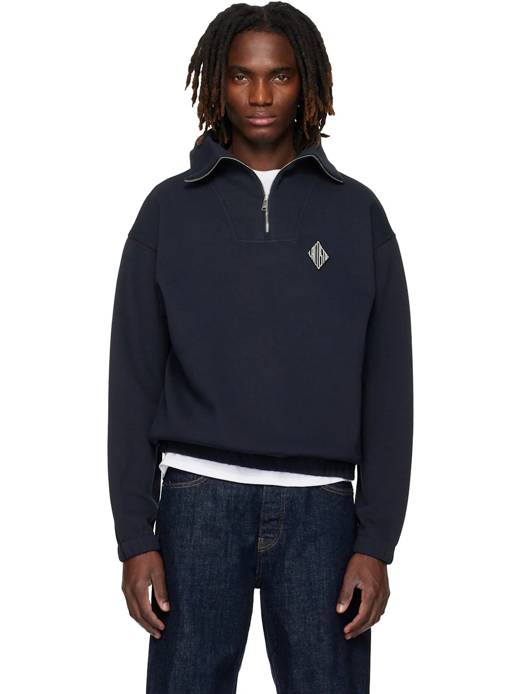 Black Loose Fit Zipped Neck Piqué Sweatshirt - 1