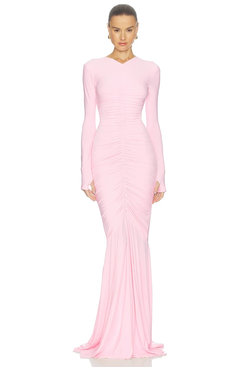 Long Sleeve V Neck Shirred Front Fishtail Gown - 1
