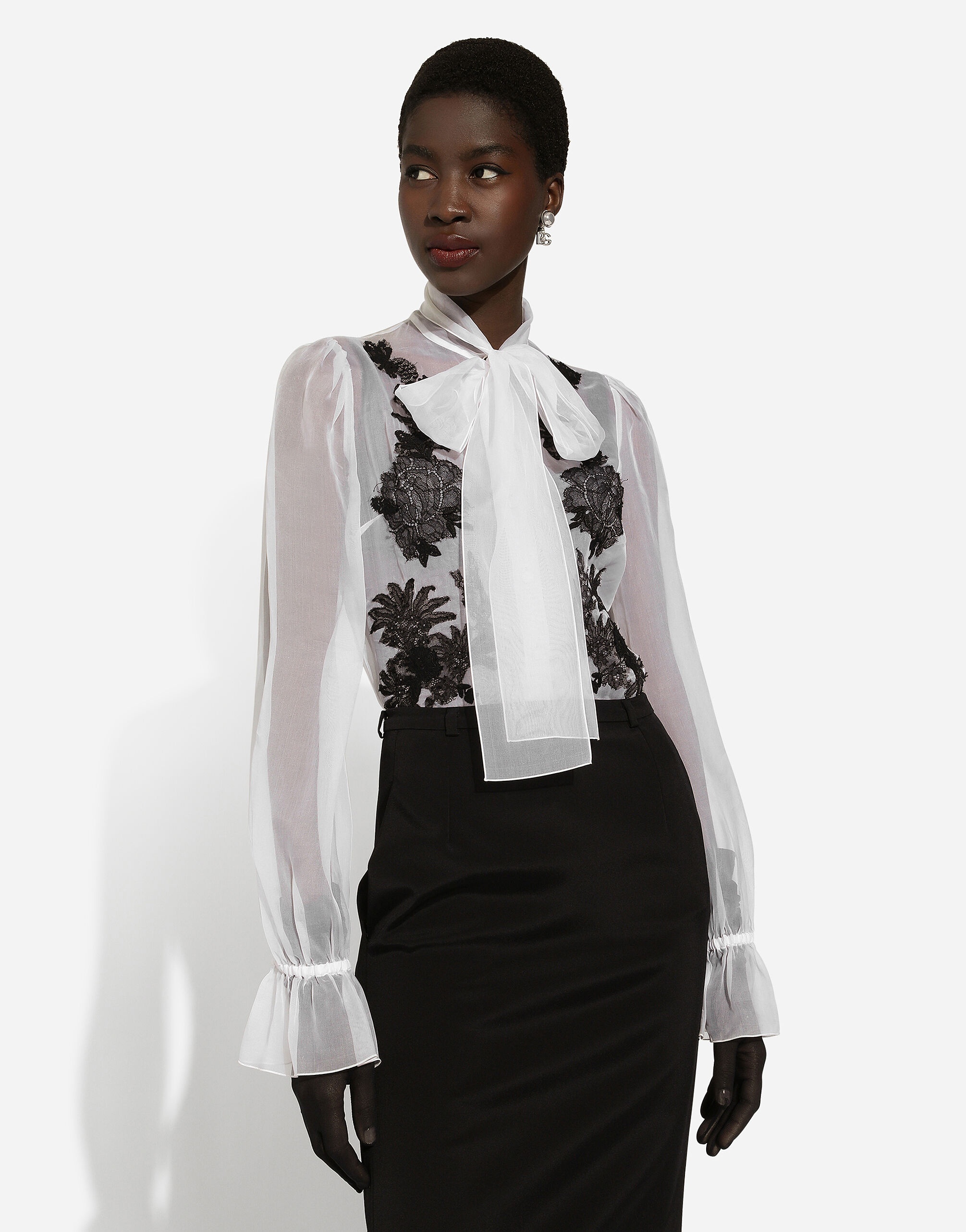Organza pussy-bow shirt with lace appliqués - 4