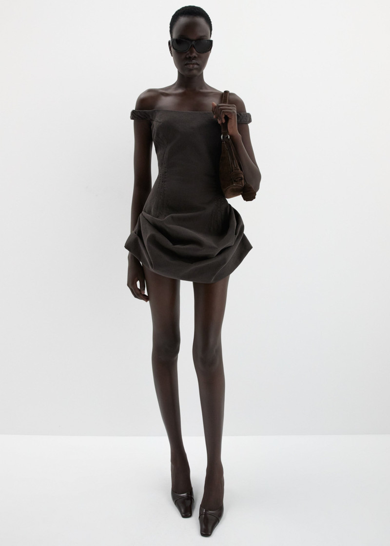 MAGDA BUTRYM Off-shoulder fitted denim mini dress in brown outlook
